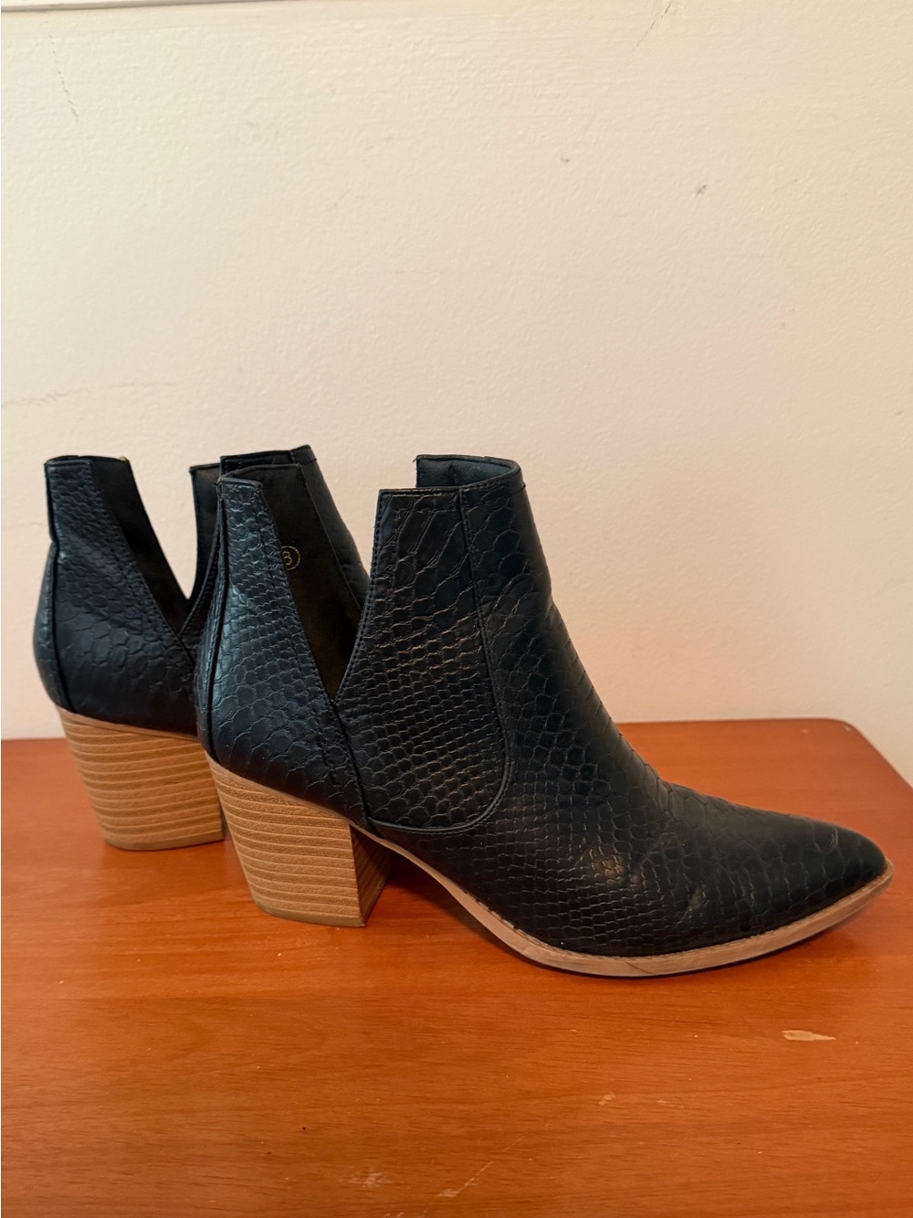 Black Faux-Snake Leather Pointed Ankle Booties with Stacked Heel